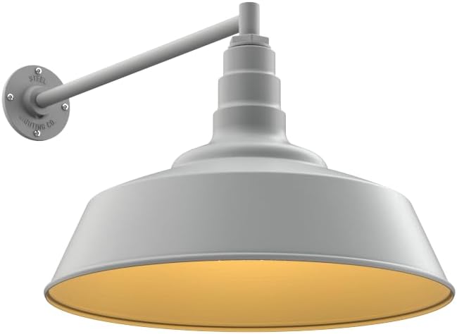 Steel Lighting Co. Large Outdoor Barn Light |Garage Light Fixture | Made in America from 18-Gauge Steel | 20" Dome | 20" Straight Arm Modern Gray Exterior/Brass Interior