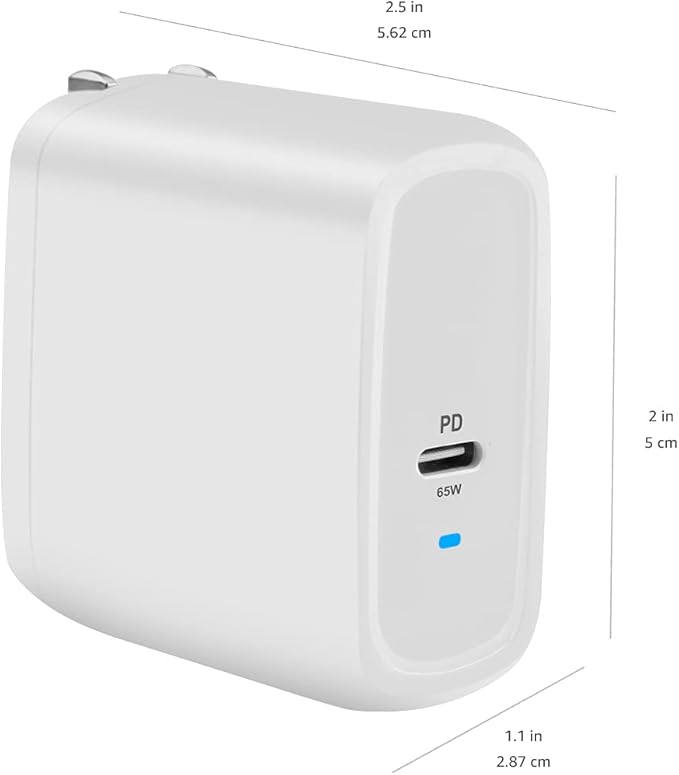 Amazon Basics 65W One-Port GaN USB-C Wall Charger with Power Delivery PD, Foldable Plug, for Laptops, Tablets & Phones, White