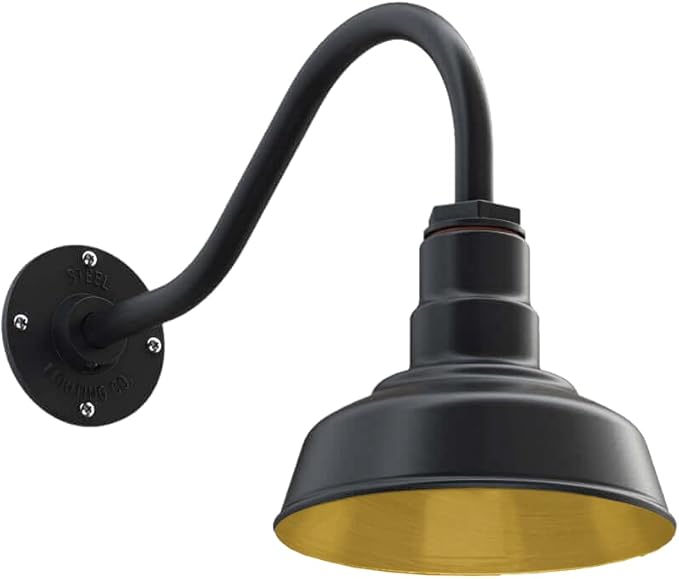Steel Lighting Co. Hawthorne Barn Light | Outdoor Wall Mounted | 8 inch Dome | 16 inch Gooseneck| Small Farmhouse Light Made in America | Matte Black Exterior/Brass Interior