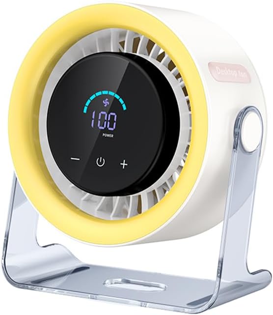 Coolhill USB Desk Fan for Bedroom: 100 Speeds Digital Display Quiet Table Fan with Turbo Airflow, 120° Rotating Small Rechargeable Battery Desktop Fans for Bedroom Home Office (Yellow)
