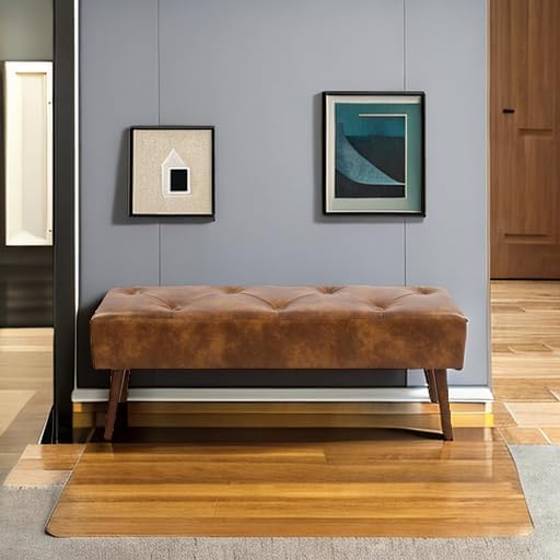 44 Inch Tufted Leather Bench, Leather Footrest Stool Bedroom Bench Seat - Image 5