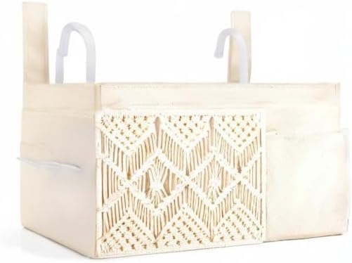 Mkono Bedside Caddy, Macrame Hanging Organizer, 4 Pockets Ivory Metal Hooks | - Image 9