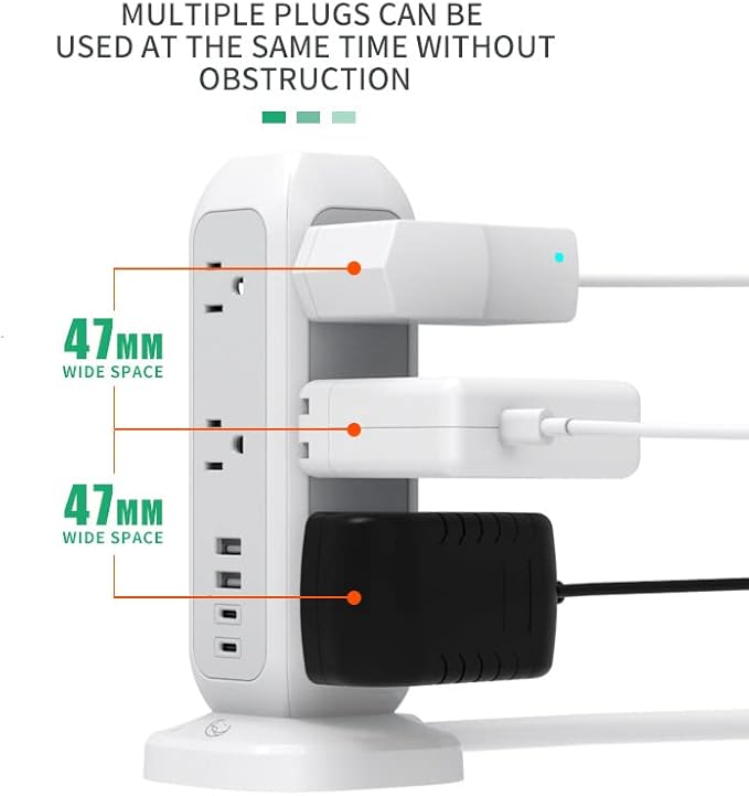 [White Lunar] Power Strip Tower with Surge Protector – 11 AC Outlets, 4 USB Ports (2 USB-A & 2 USB-C), 6ft Heavy-Duty Flat Plug Extension Cord for Home, Office & Dorm Essentials