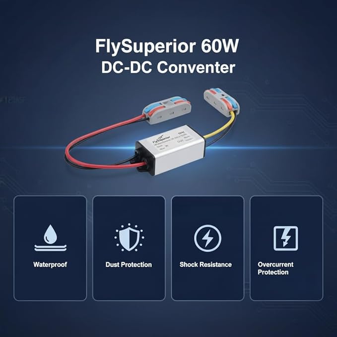 FlySuperior DC 24V/36V to 12V Step Down Converter Reducer Regulator, 5A, 60W Power Adapter, Waterproof Design, Suitable for Cars, Trucks, Vehicles, Boats, Engines, Solar Systems,LED. (DC 18V-40V)