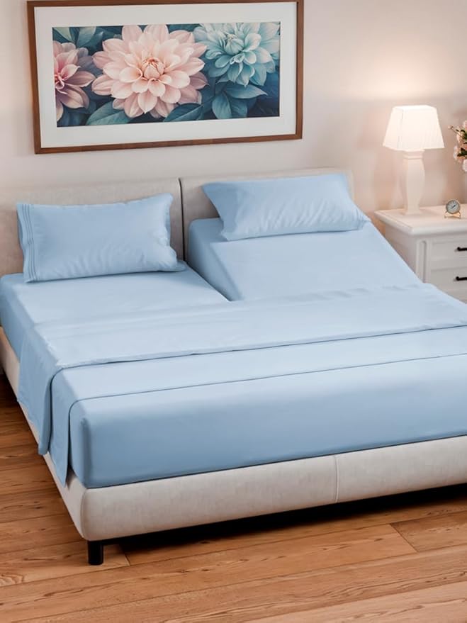 Split Head King Sheet Set – 4 Piece Flex Split Top King Sheets for Adjustable Beds - Fits 14” to 16" Mattress w/ Deep Pockets - Soft, Breathable & Cooling - Luxury Bedding and Wrinkle Free - Sky Blue