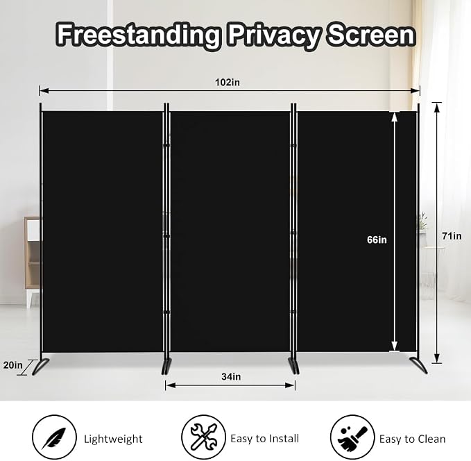 Kokorona 3 Panel Room Divider, 6FT Tall Folding Privacy Screen Wall Dividers - Image 2