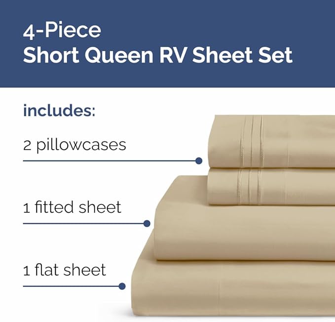 RV Short Queen Sheet Set 60 X 75 - 4 Piece RV Short Queen Bed Sheets - Soft, Breathable & Cooling - Designed for Bunks, Trailers and Campers - Fits 8” to 12" Mattress - Hotel Luxury Bedding - Beige