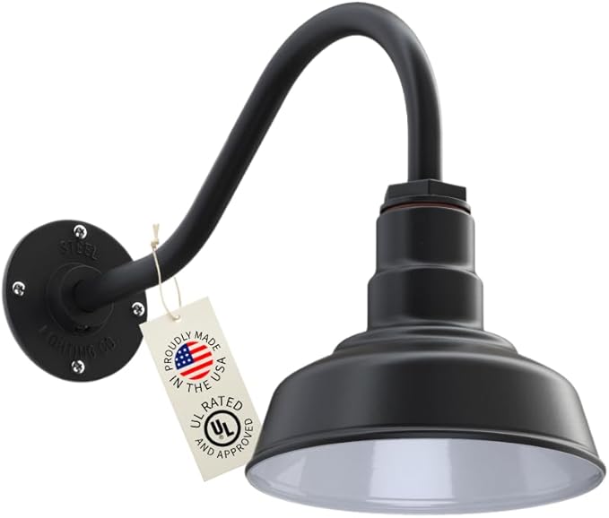 Steel Lighting Co. Hawthorne Barn Light | Outdoor Wall Mounted | 8 inch Dome | 16 inch Gooseneck| Small Farmhouse Light Made in America | Matte Black Exterior/White Interior
