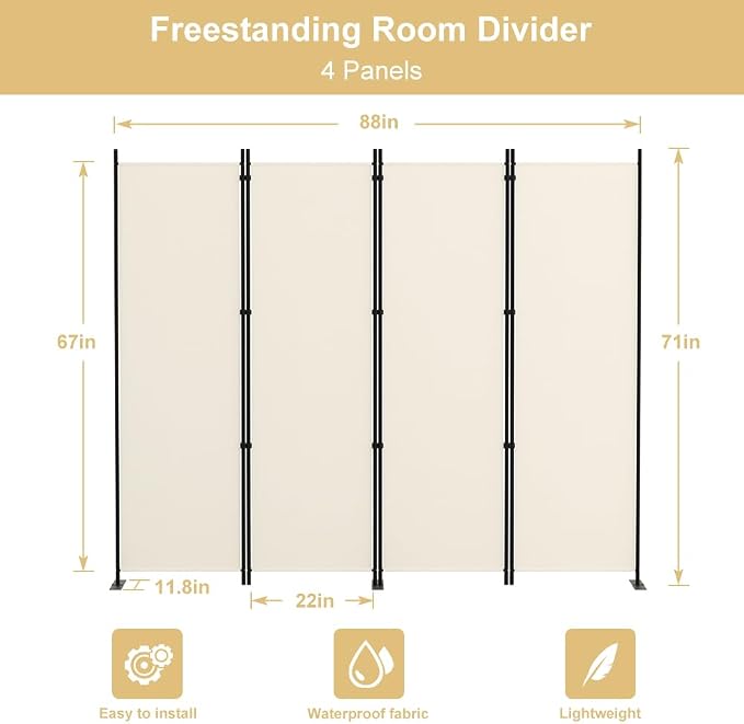Kokorona 4 Panel Room Divider, 6FT Tall Folding Privacy Screen Wall Dividers - Image 2