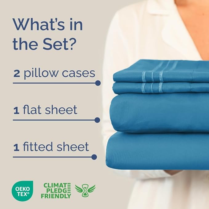Full XL Bed Sheet Set - 4 Piece Extra Long Extended Full XL Sheets - Soft, Breathable & Cooling - Fits 8" to 16" Mattress w/ Deep Pockets - 54" x 80" - Easy-Fit, Wrinkle & Fade Resistant - Denim Blue