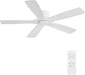 WINGBO 48" Flush Mount DC Ceiling Fans Without Lights, 5 Carved Solid Wood Blades, 6-Speed Reversible DC Motor, Low Profile Hugger Ceiling Fan No Lights for Living Room Bedroom Patio, Gloss White