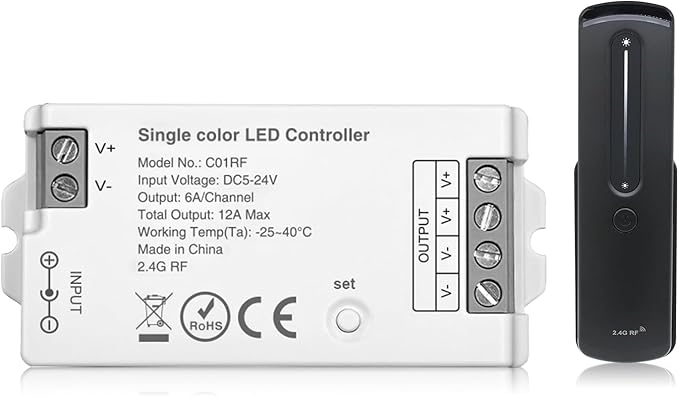 2.4GHz RF Single Color LED Strip Controller Remote Kit, Wireless Remote & Tuya Controller Dimmer with Group Control Adjust Brightness Touch Slide for PWM 2Pin COB LED Strip Light DC5V DC12V DC24V