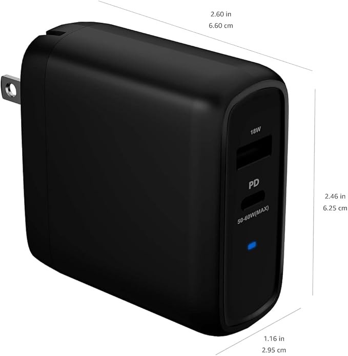 Amazon Basics 68W Two-Port GaN Wall Charger with 1 USB-C (60W) & 1 USB-A Ports (18W) with PD for Laptops, Tablets & Phones (iPhone 16/15/14/13/12/11/X, iPad, MacPro, Samsung, and more), Non-PPS, Black