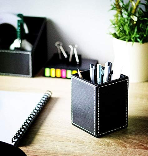 Black PU Leather Square Pens Pot Pencils Holder Cup Desktop Stationery - Image 7