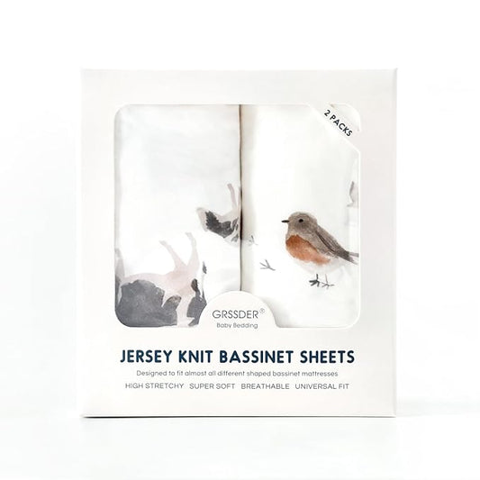 GRSSDER Stretchy Ultra Soft Bassinet Mattress Sheets 2 Pack, Universal Fitted for Baby Cradle Moses Basket Oval Rectangle Standard Pad Safe and Snug, Cute Animal Print Bassinet Sheet for Boys