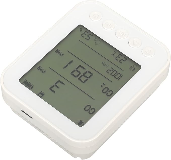 Torvex CO2 Monitor, Air Quality Meter with LCD Humidity Temperature Pressure Sensor, Indoor CO2 Detector 7 in 1 5V White Desktop Unit for Home Office Environment Monitoring
