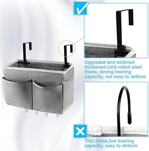 Bedside Caddy Organizer 5 Pockets 4 Hooks Bunk Bed 2Pack Grey | Hanging Storage - Image 4