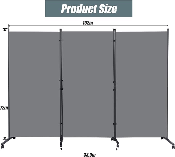 Room Divider 102'' Wide Folding Privacy Screen, 3 Panel Wall Divider w/Wheel | - Image 5