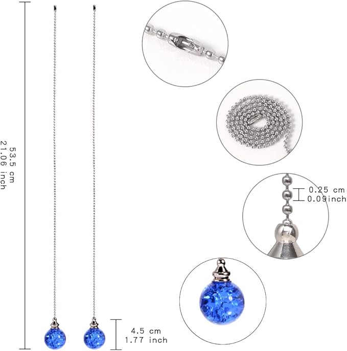 2PCS Blue Pull Chain Crystal Glass Ice Cracked Ball Pull Chain for Ceiling Fan Light Decoration 50cm Extension Chain
