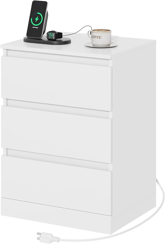 Nightstand with Charging Station, Bedside Tables with 3 Drawers, Side Table by Draelibor