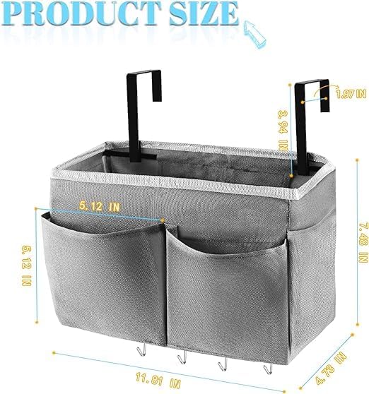 Bedside Caddy Organizer 5 Pockets 4 Hooks Bunk Bed 2Pack Grey | Hanging Storage - Image 2