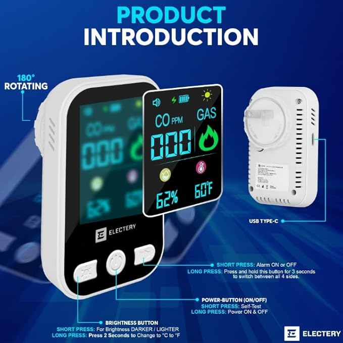 4‑in‑1 Upgraded Natural Gas Leak Detector & Carbon Monoxide Detectors Plug‑in with Dual Sensor, LCD Display Alarms, Temperature & Humidity Monitor for Home & RV (4 Pack)