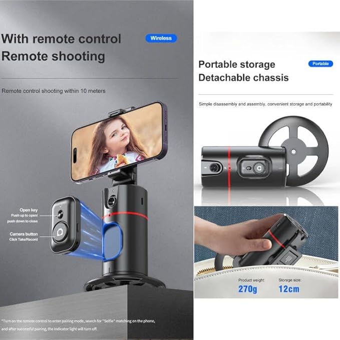 MQOUNY Auto Tracking Phone Holder,360° Rotation Phone Camera Mount Smart Shooting Tracking Holder with Remote Selfie Stick for iPhone Android Stabilizer Shooting Live,No App,Rechargeable