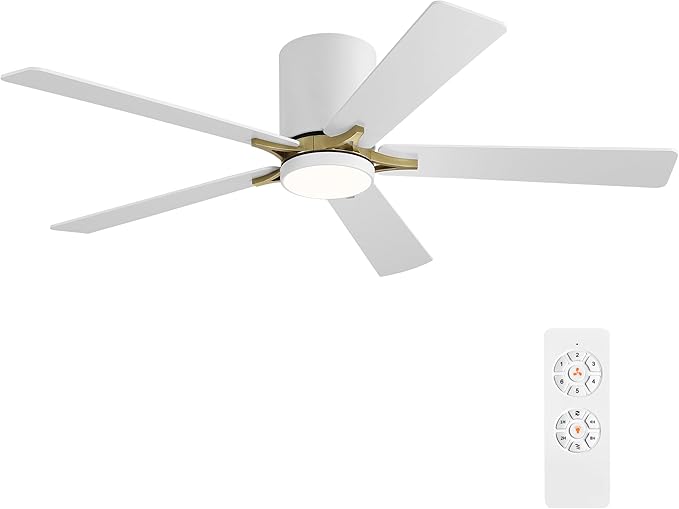WINGBO 48" DC Flush Mount Ceiling Fan with Lights, 5 Plywood Blades, 6-Speed Reversible DC Motor, 3CCT, Low Profile Hugger Ceiling Fan for Living Room Bedroom Kitchen, White and Brass