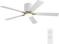 WINGBO 52" DC Flush Mount Ceiling Fan with Lights, 5 Plywood Blades, 6-Speed Reversible DC Motor, 3CCT, Low Profile Hugger Ceiling Fan for Living Room Bedroom Kitchen, White and Brass