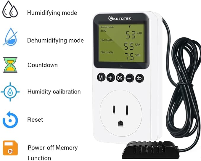 KETOTEK Digital Humidity Controller Outlet Plug with Sensor Probe, 120V Humidistat Controller Plug for Reptile Mushroom Greenhouse, Humidity Switch Outlet