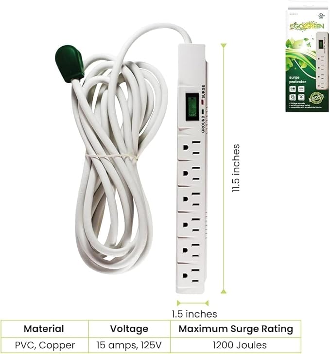 GoGreen Power Inc. (G-16315-15-2) 6 Outlet Surge Protector, 15FT Cord, White, 2 Pack