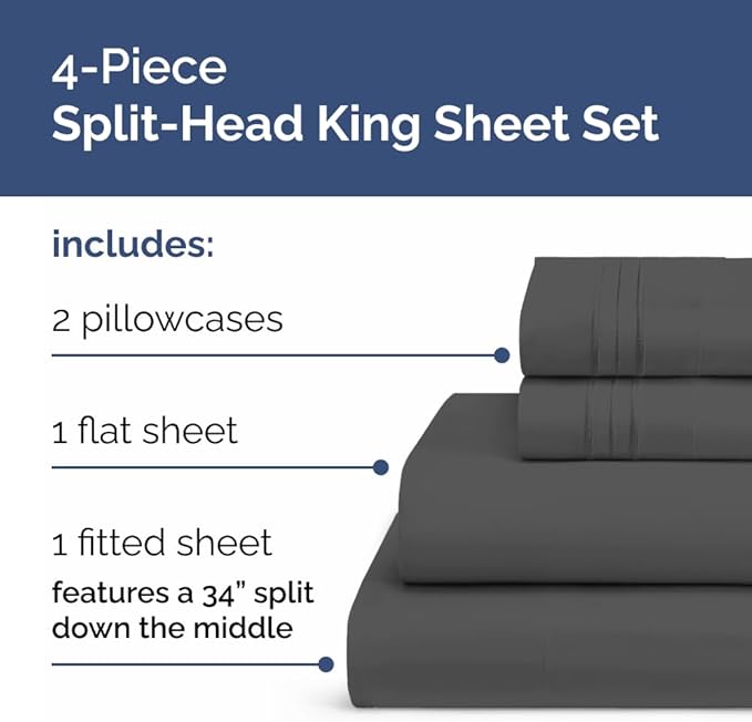 Split Head King Sheet Set – 4 Piece Flex Split Top King Sheets for Adjustable Beds - Fits 14” to 16" Mattress w/ Deep Pockets - Soft, Breathable & Cooling - Luxury Bedding and Wrinkle Free - Charcoal