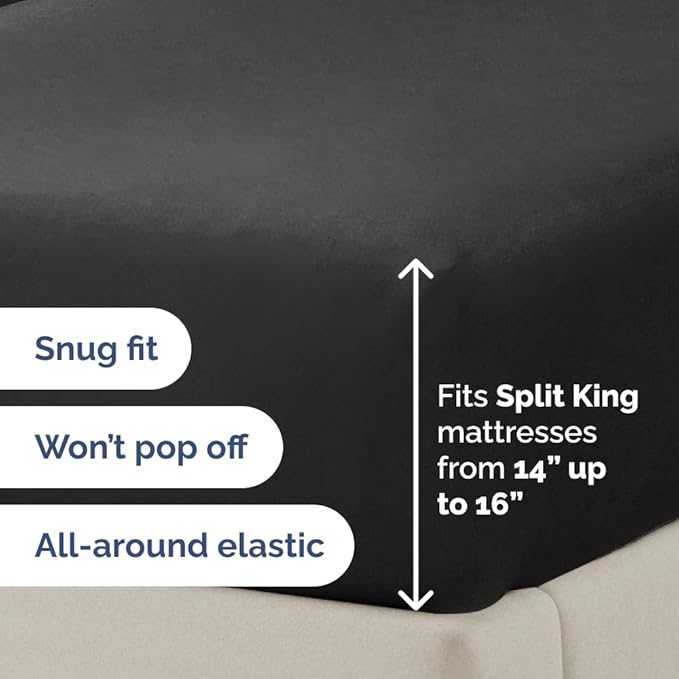 Split Head King Sheet Set – 4 Piece Flex Split Top King Sheets for Adjustable Beds - Fits 14” to 16" Mattress w/ Deep Pockets - Ultra-Soft, Breathable & Cooling - Luxury Bedding & Wrinkle Free - Black