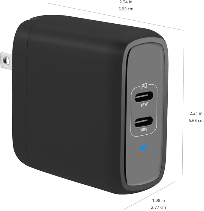 Amazon Basics 36W Two-Port USB-C Wall Charger (18W per Port) with Power Delivery PD for Tablets & Phones (iPhone 15/14/13/12/11/X, iPad, Samsung, and More), Non-PPS, 2.34 x 2.21 x 1.09 inches, Black