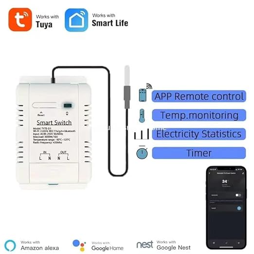 Yitouniu WiFi Smart Waterproof Temperature Controller Sensor Module, Tuya app Wireless Remote 16A Smart Switch with Energy Consumption Monitoring, Compatible with Alexa Google Home