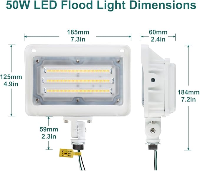 kadision LED Flood Light 50W/40W/30W, 3CCT 3000K/4000K/5000K Selectable, Dusk-to-Dawn Photocell, IP65 Waterproof Adjustable Knuckle Mount Security Lights, 100-277V ETL Listed, White 1-Pack