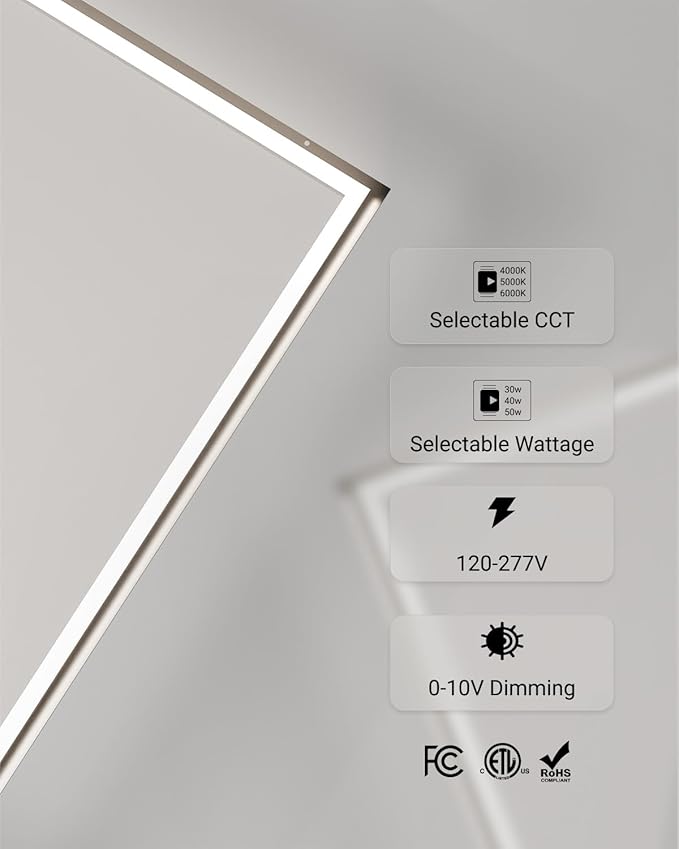 Sunco 20 Pack 2x2 Edge-Lit Frame LED Panel Lights, Drop Ceiling Flat Light Fixture, 5500 LM, Selectable Features, 30W/40W/50W, 4000K/5000K/6000K, Dimmable (0-10V) ETL