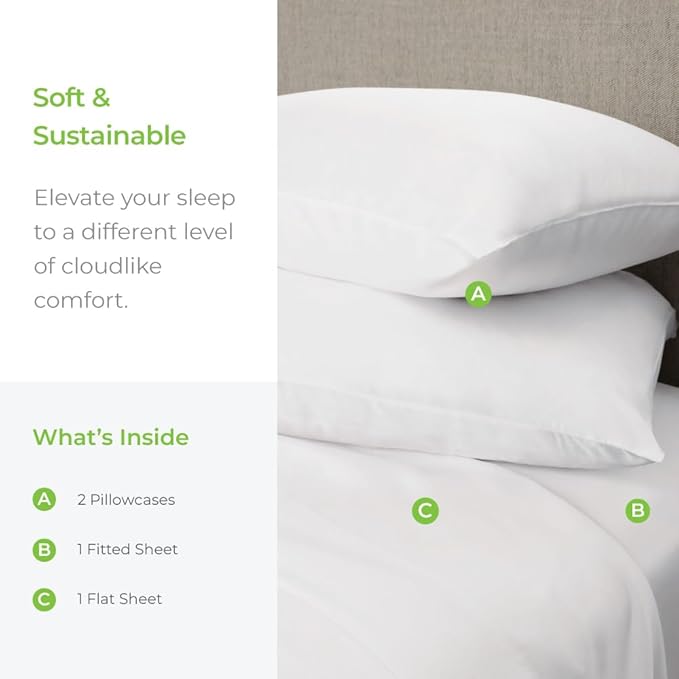 Cariloha Aloha Soft 4-Piece Sheet Set | White | Split King | Made from 100% Viscose derived from Bamboo | Introductory Sheet Line