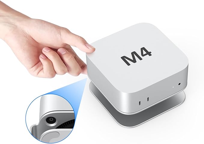 AKKYAJAURE Mac mini M4 Dock Stand, Aluminum Desktop Stand Mount for New Mac mini M4 and M4 Pro, Improved Cooling, Easy Power Button Access & Desk Organization – Essential Mac mini M4 Accessories