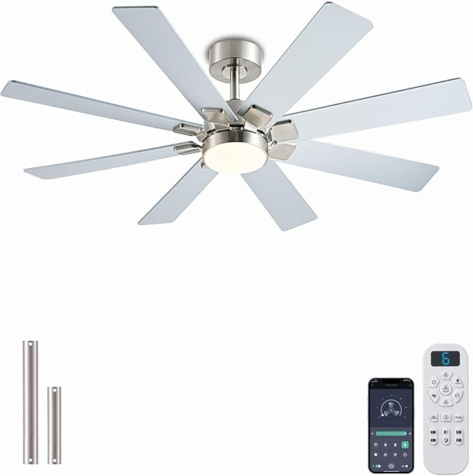 KNUN Nickel 48 Inch Ceiling Fans with Lights and Remote/APP Control, Low Profile Ceiling Fan, 8 Blades，LED Dimmable, Reversible DC Motor, Noiseless, Ceiling Fan for Bedroom Indoor/Outdoor Use