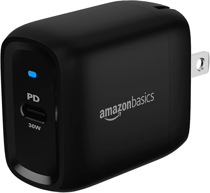 Amazon Basics 30W One-Port GaN USB-C Wall Charger with Power Delivery PD for Tablets & Phones (iPhone 16/15/14/13/12/11/X, iPad, Samsung, and More), Non-PPS, Black