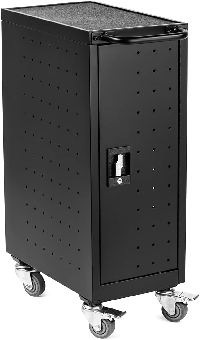 Line Leader Compact 16 Device Rolling Mobile Charging Cart for Chromebooks, Laptops, Tablets, Charging Station For Classrooms and Offices, Includes Power Strip and Locking Cabinet (Black, 34in x 23in)