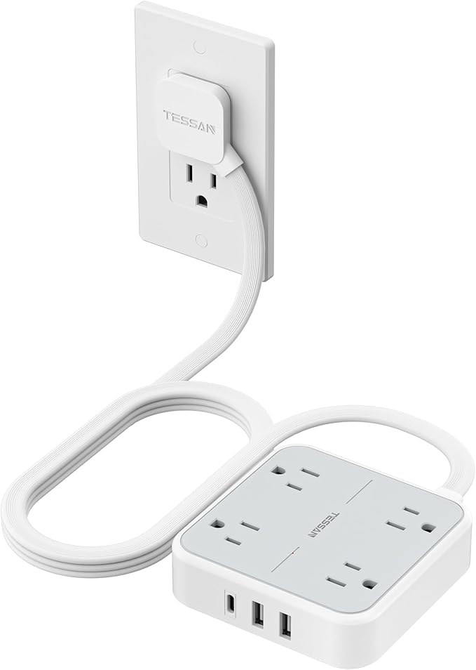 TESSAN Surge Protector Flat Extension Cord 5Ft, Flat Plug Power Strip | 4 by TESSAN
