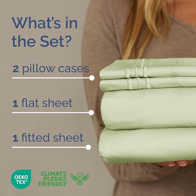 Full XL Bed Sheet Set - 4 Piece Extra Long Extended Full XL Sheets - Soft, Breathable & Cooling - Fits 8" to 16" Mattress w/ Deep Pockets - 54" x 80" - Wrinkle and Fade Resistant - Light Sage Green