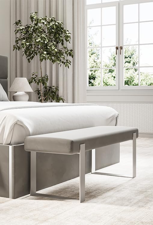 VANT Upholstered Bed Bench - Micro Suede Neutral Sand - Brushed Nickel - Contemporary Modern, Bedroom Bench Seat, Hallway, or Entryway