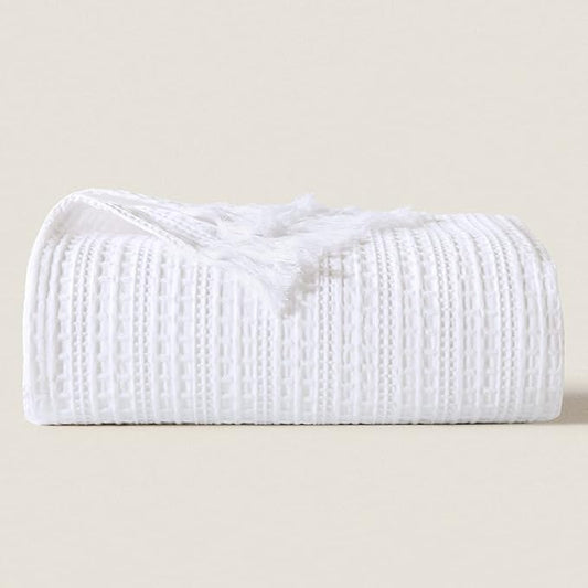 100% Cotton Waffle Blanket with Fringe, Pre-Washed Waffle Weave Blanket for All Season, Lightweight Breathable Soft Cozy Throw Blanket for Couch, Bed, Travel (White - 66x90 Inches)