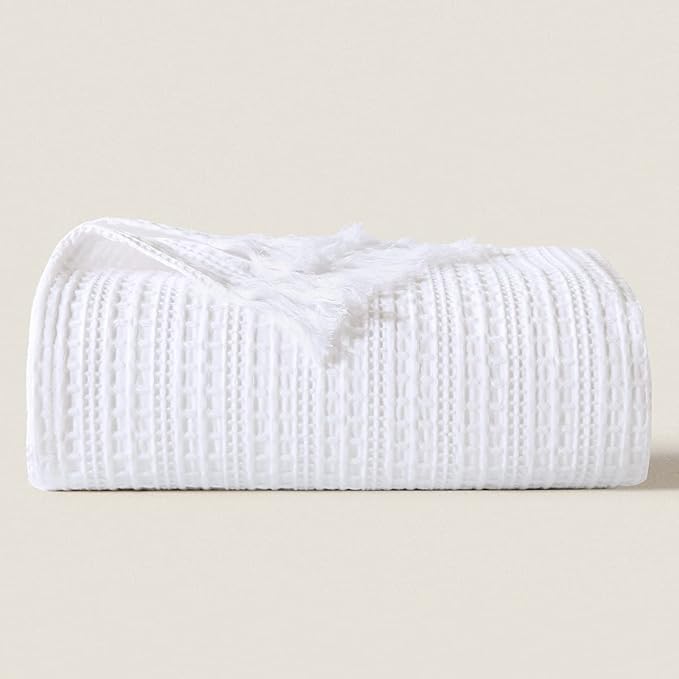 100% Cotton Waffle Queen Blanket with Fringe 90"x90", Pre-Washed Waffle Weave Blanket for All Season, Lightweight Breathable Soft Cozy Throw Blanket for Couch, Bed, Travel (White)