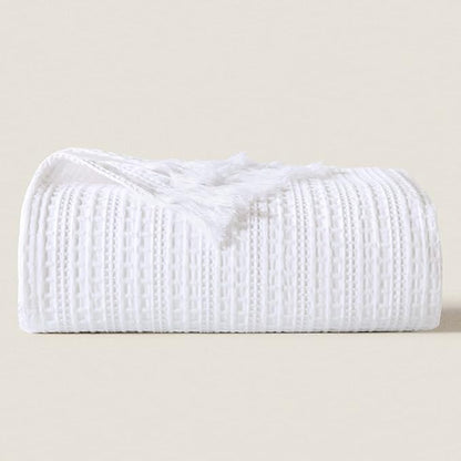100% Cotton Waffle Queen Blanket with Fringe 90"x90", Pre-Washed Waffle Weave Blanket for All Season, Lightweight Breathable Soft Cozy Throw Blanket for Couch, Bed, Travel (White)