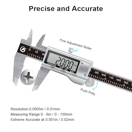 KETOTEK Digital Caliper 6 Inch Measuring Tool, Stainless Steel Electronic Vernier Calipers, Digital Micrometer with Large LCD Screen, inch/Metric Conversion