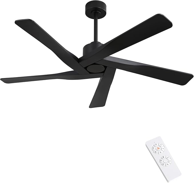 WINGBO 54" ABS DC Ceiling Fan No Light, 5 Blade ABS Plastic Ceiling Fan with Remote, 6-Speed Reversible DC Motor, Ceiling Fans without Light for Kitchen Bedroom Living Room, Matte Black